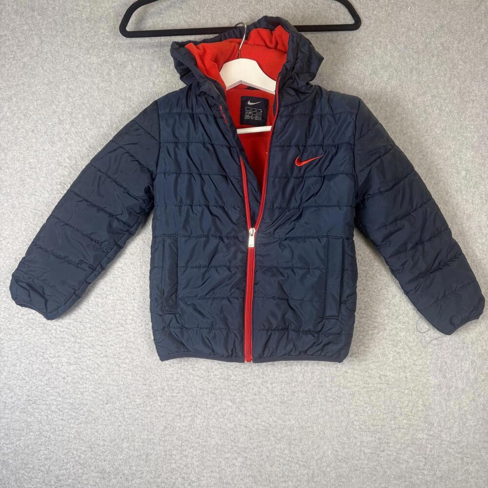 Nike Kids Size 5-6 Years Full Zip Navy Blue Red Quilted Puffer Jacket Coat